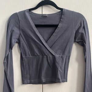 Cropped Blue Wrap Long Sleeve Top